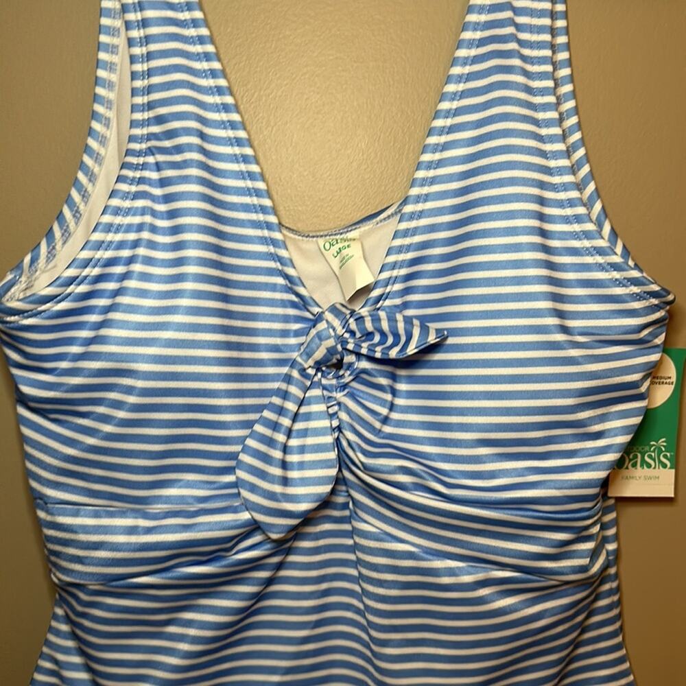 Outdoor Oasis Women’s One Piece Medium Coverage Blue White Striped Swimsuit - Picture 2 of 6
